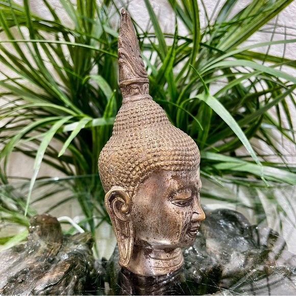 Silver Buddha Head Sculpture - Metal 7” Tall - Picture 3 of 10